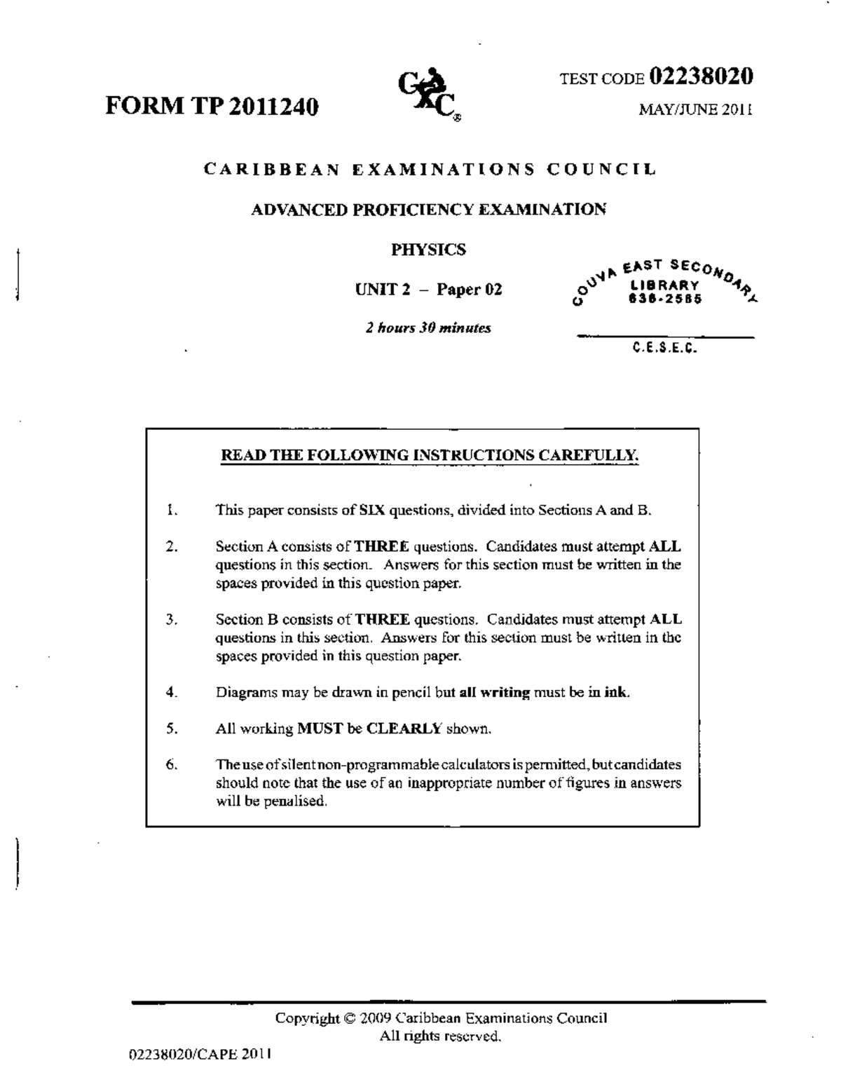 CAPE 02238020 Physics Unit 2 Paper 2 - May/June 2011 Exam Guide - Studocu