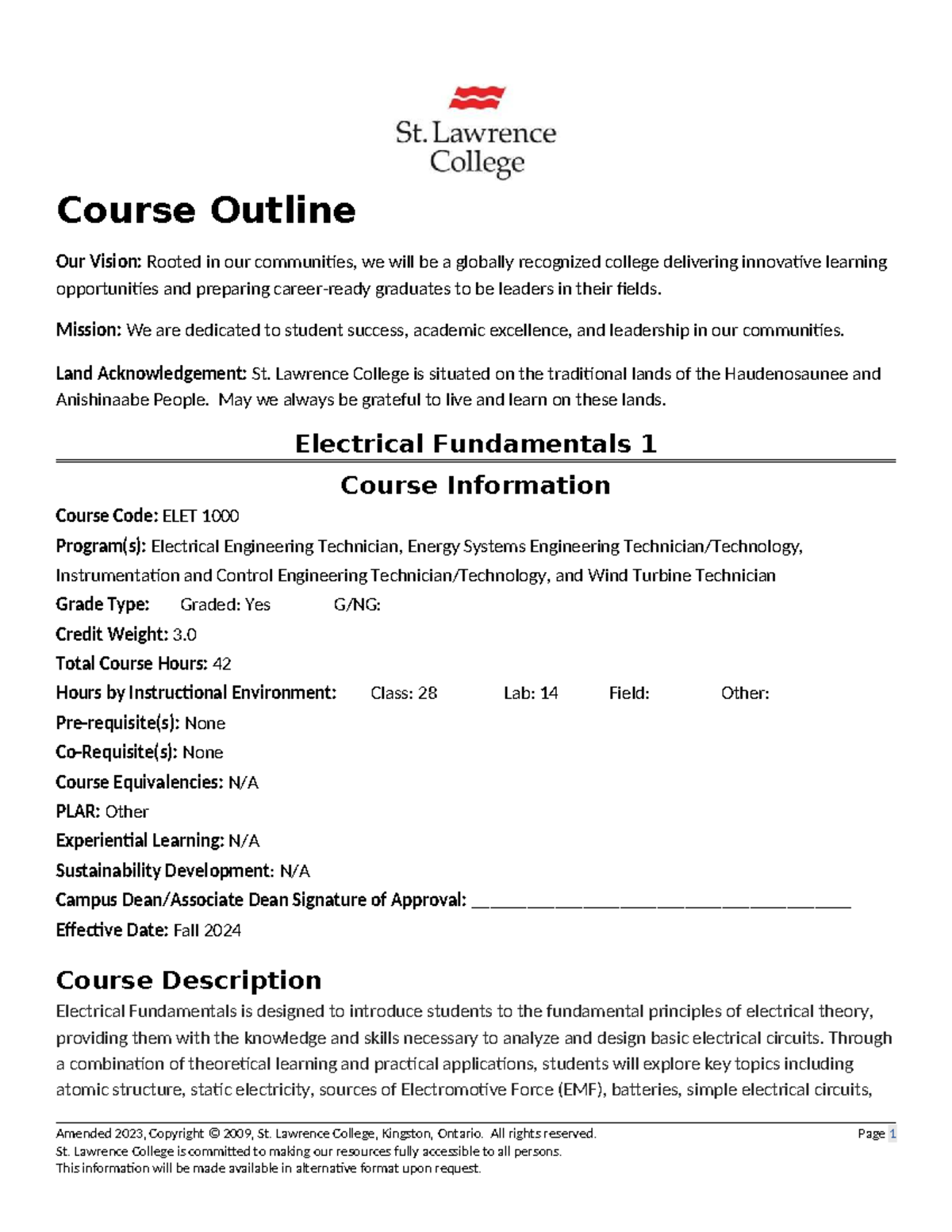 ELET 1000 - Electrical Fundamentals Course Outline for Fall 2024 - Studocu