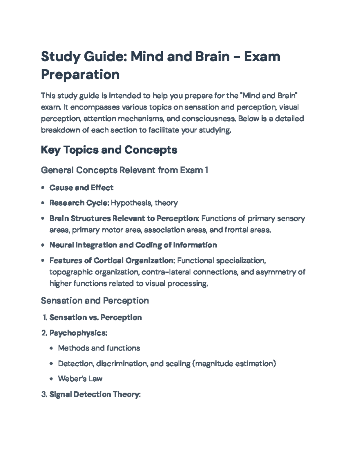 Study Guide: Mind and Brain - Final Exam Preparation - Study Guide ...