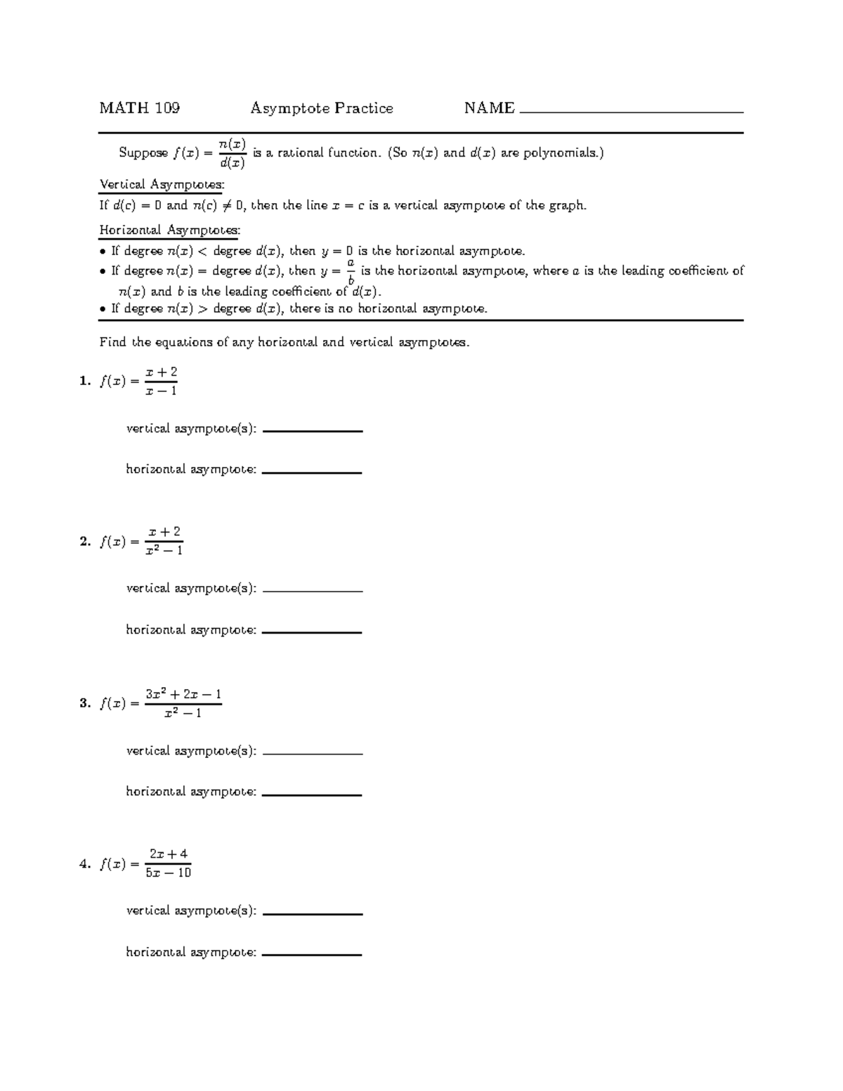 MATH 109 Asymptote Practice Exercises - Studocu