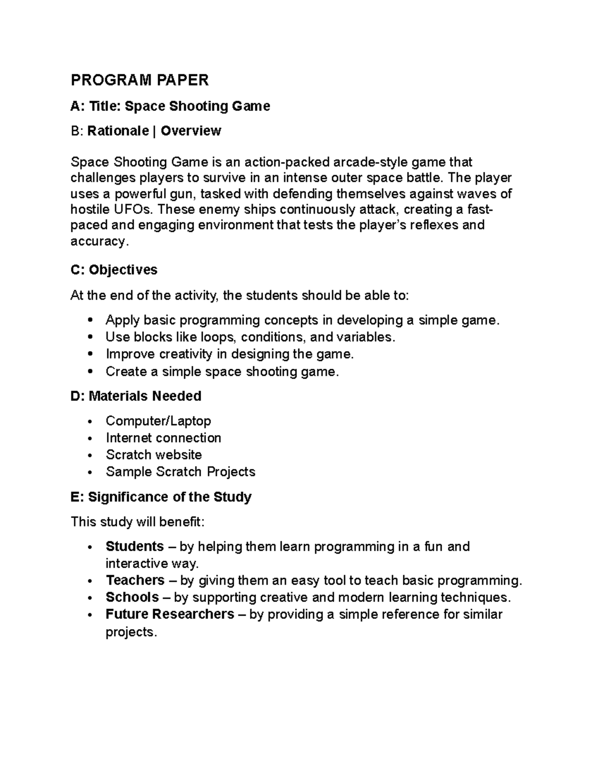 PROGRAM PAPER A: Space Shooting Game Development Overview - Studocu