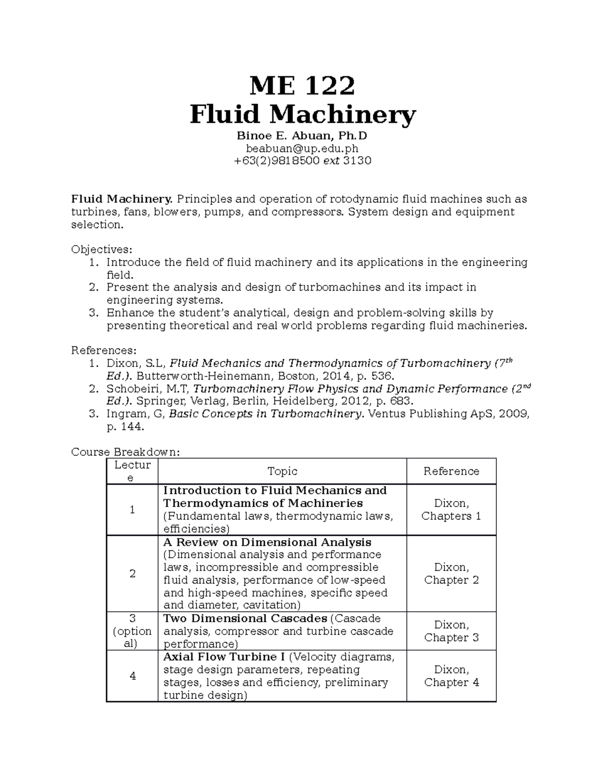 ME 122 Fluid Machinery Course Syllabus and Exam Coverage Notes - Studocu