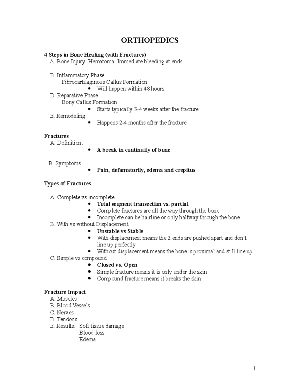 Orthopedics Lecture Notes: Fractures, Healing & Nursing Care Tips - Studocu