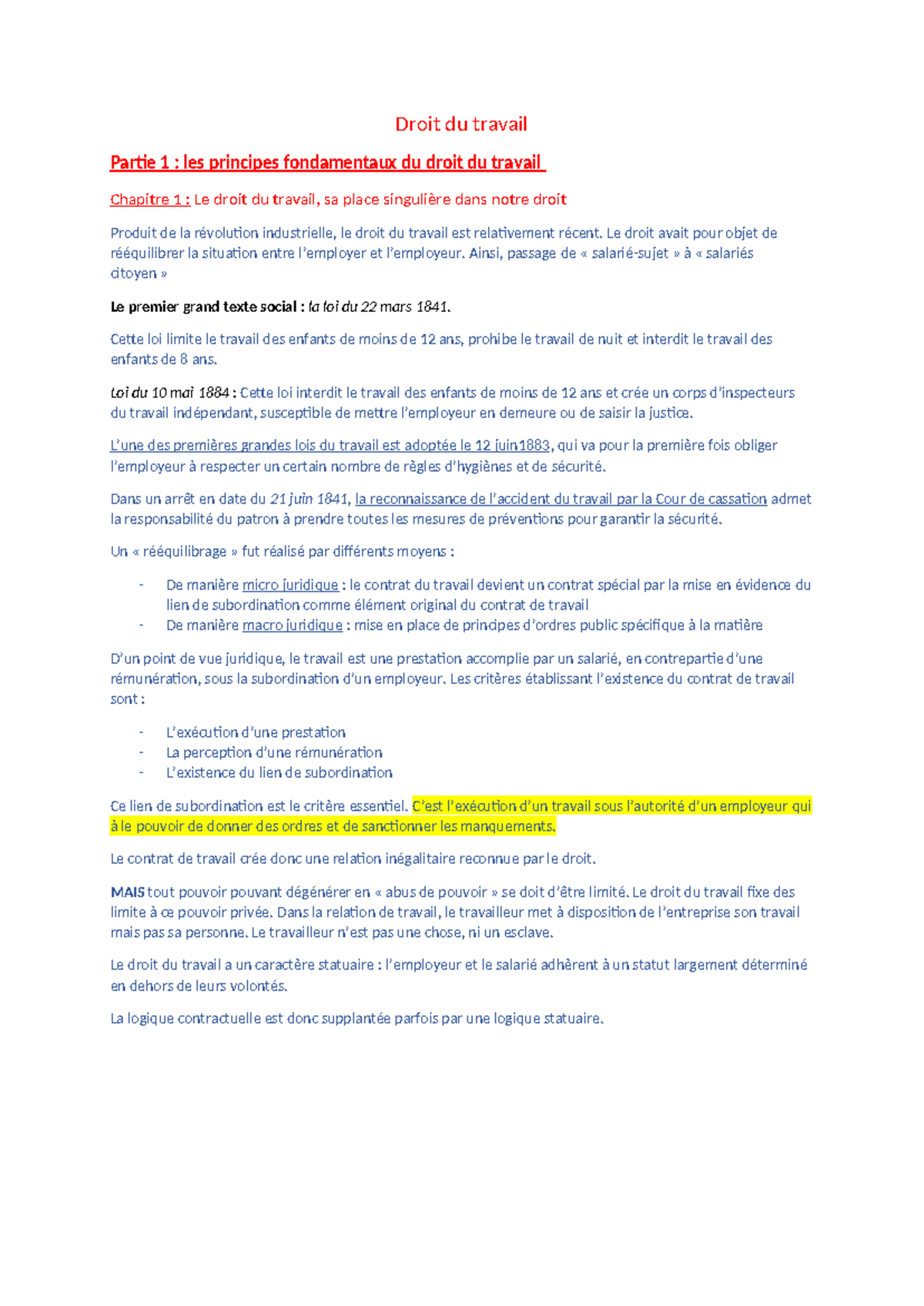 Fiche de Révision : Droit du Travail 2023 - Concepts Fondamentaux - Studocu