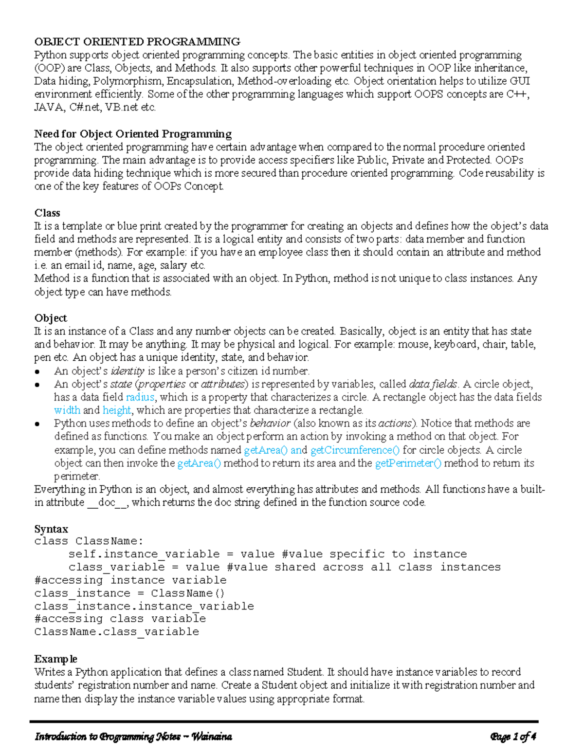OOP Concepts in Python: Classes, Objects, and Methods (CS101) - Studocu
