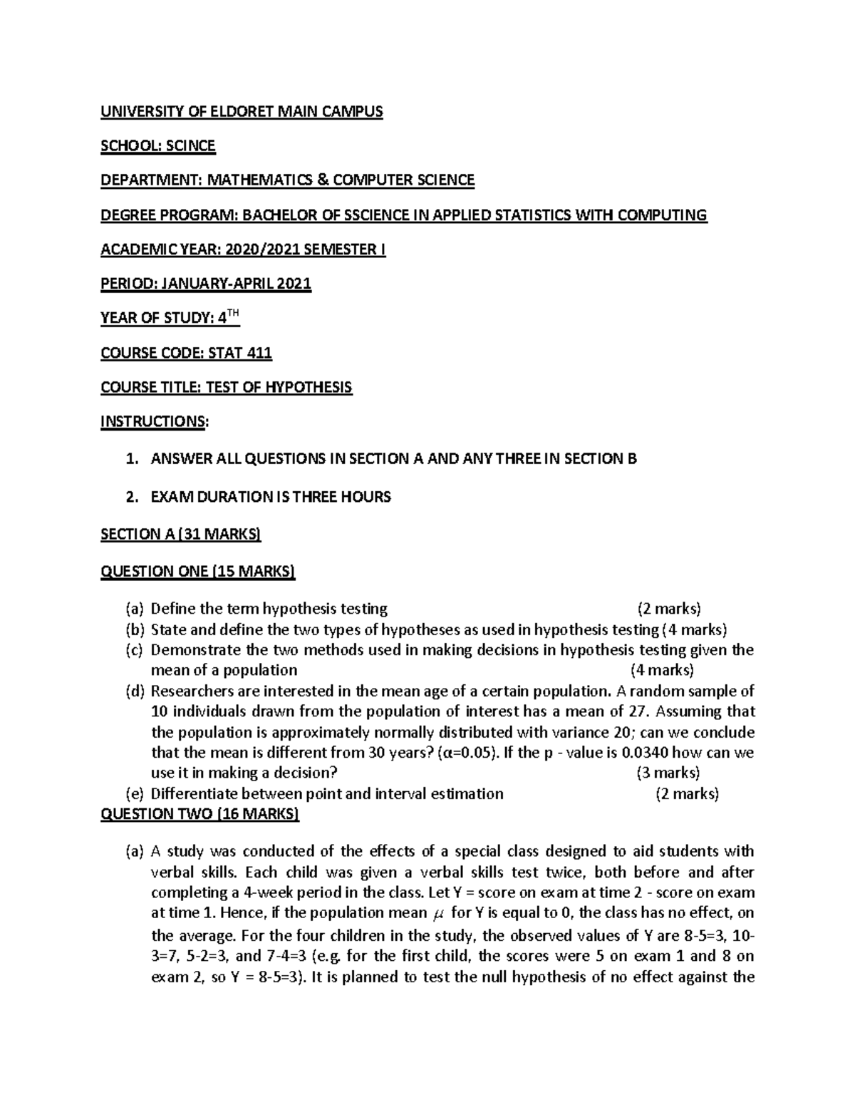 STAT 411 FINAL EXAM REVISION - HYPOTHESIS TESTING GUIDE - Studocu