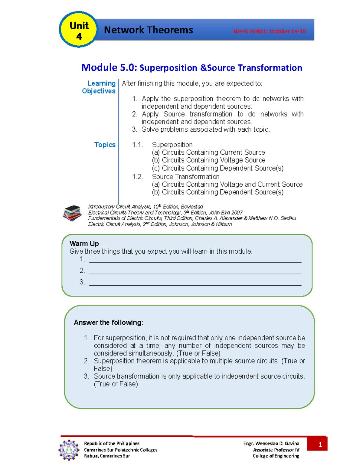 Module 5: Superposition & Source Transformation (ENGR 123 - Week 10&11 ...