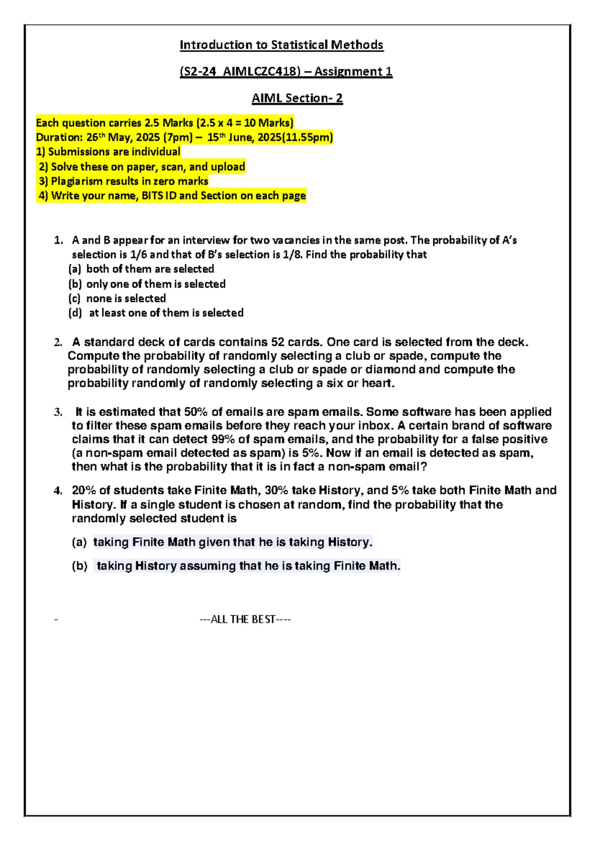 Statistical Methods Assignment 1 AIML 9: Data Analysis & Probability ...