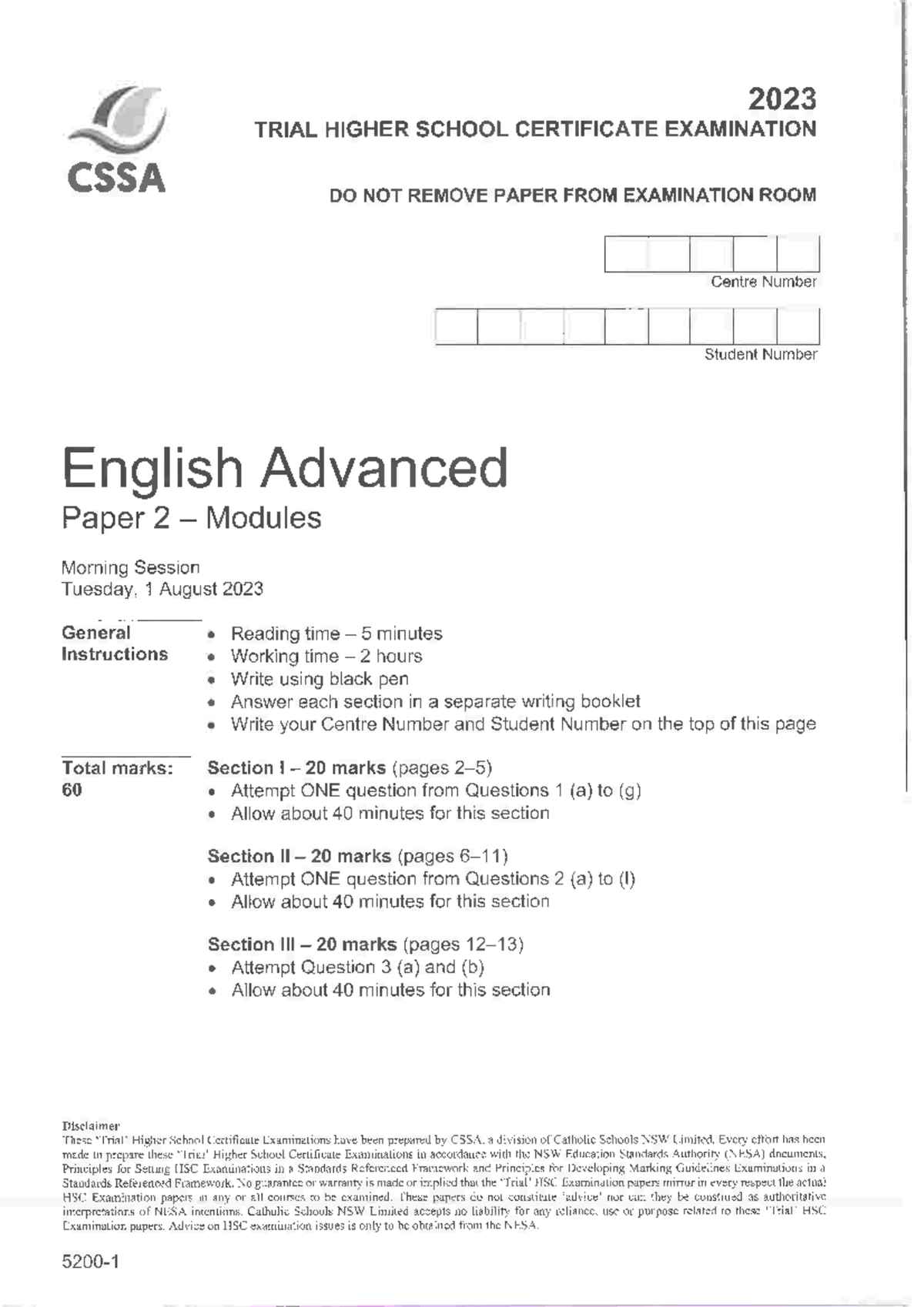 2023 CSSA HSC Trial Exam English Advanced Paper 2 - Detailed Breakdown - Document Preview