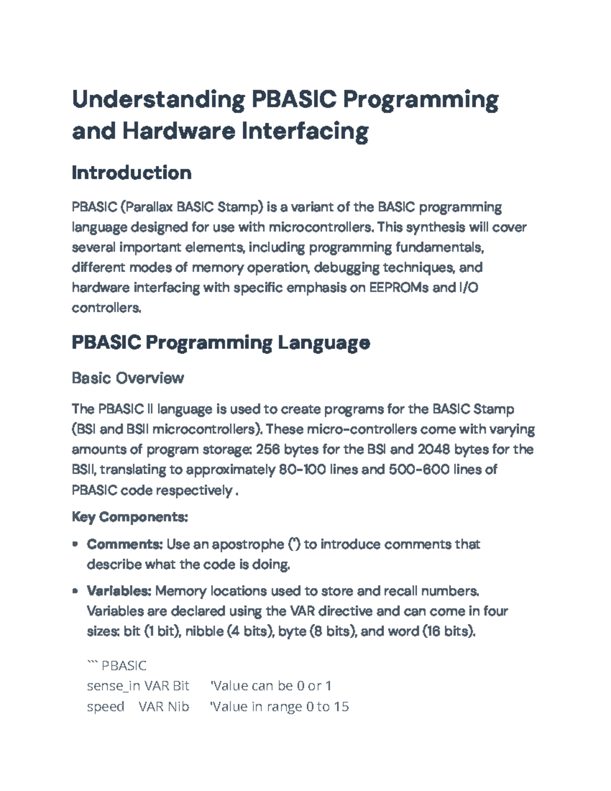 Understanding PBASIC Programming & Hardware Interfacing (CS101) - Studocu