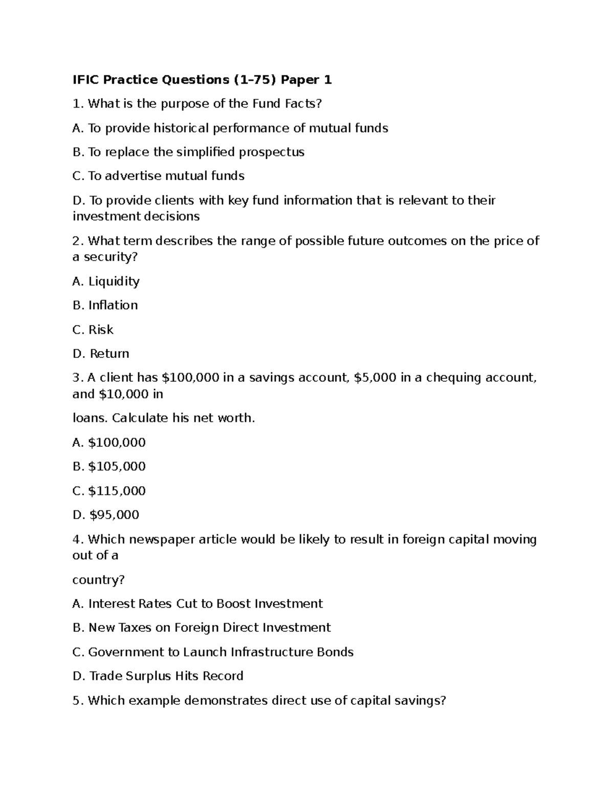 IFIC Practice Questions (1-75) - Exam Prep Paper 1 - Studocu