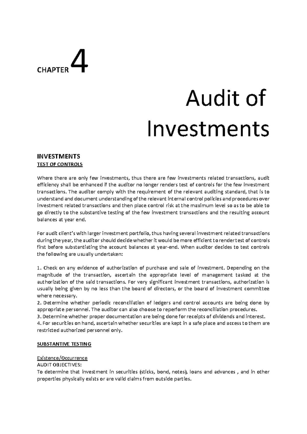 Chapter 4 Lecture on Investments and Auditing Controls - Studocu