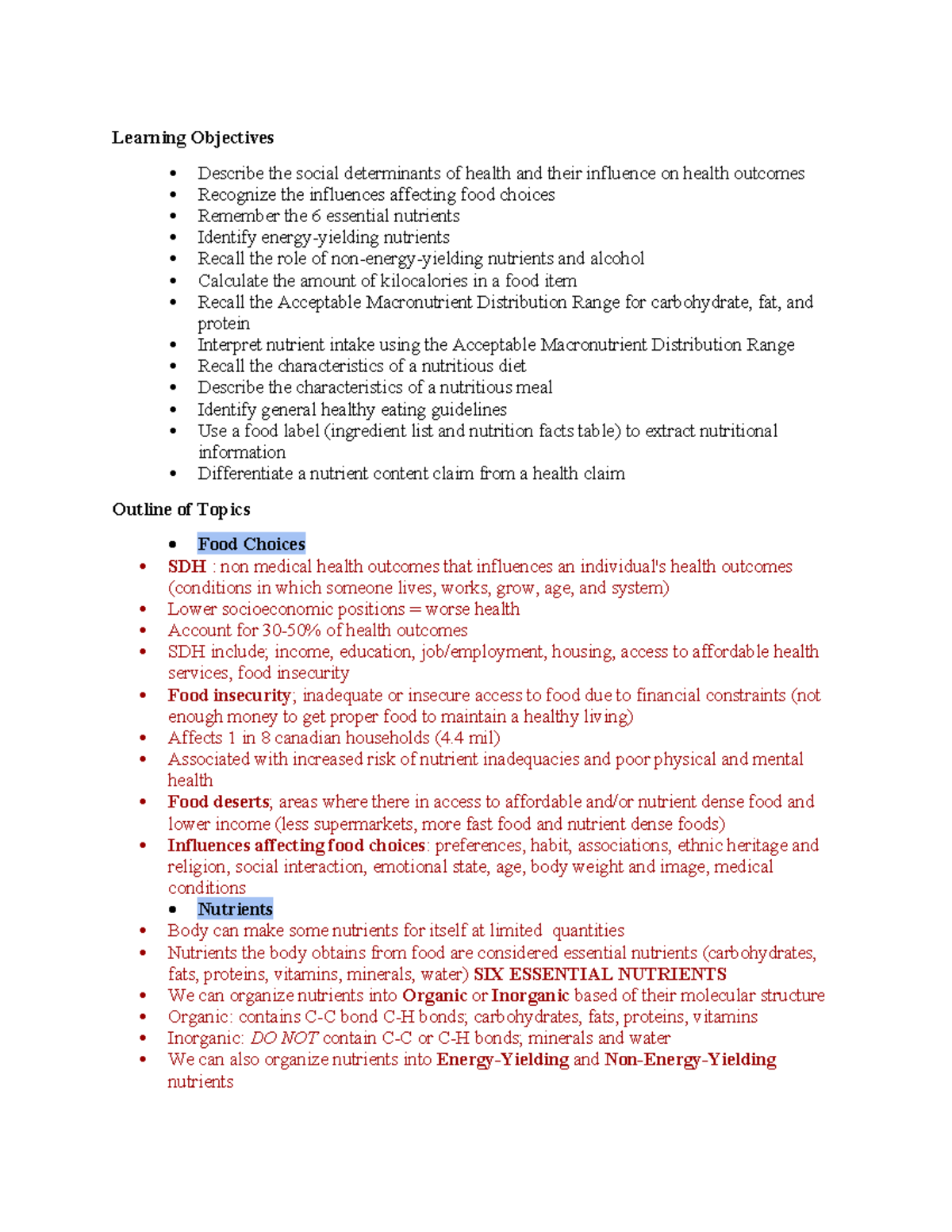 Learning Objectives for Week 1: Nutrition 2820 - Studocu