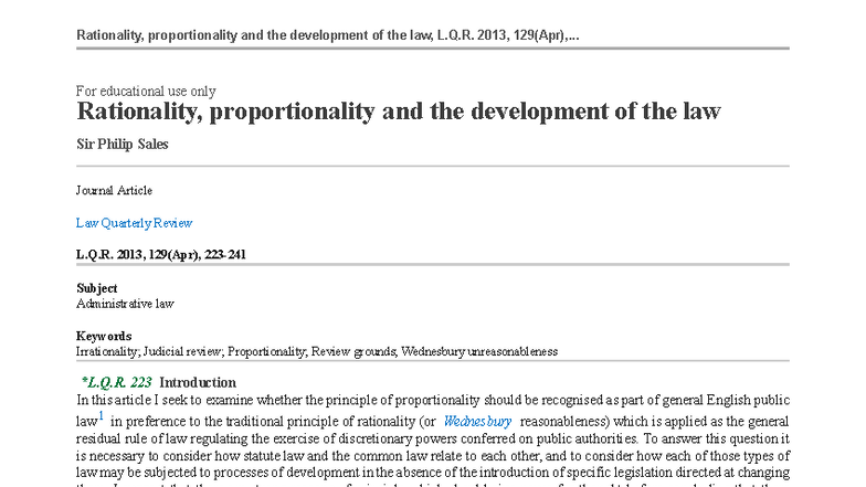 Rationality vs Proportionality in English Public Law: L.Q.R. 2013, 129 ...