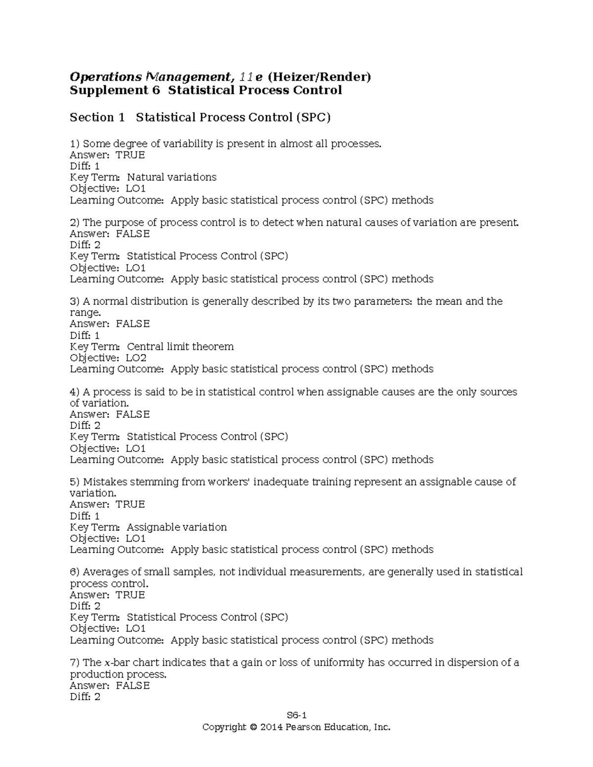 Operations Management 11e: Statistical Process Control Test Bank ...