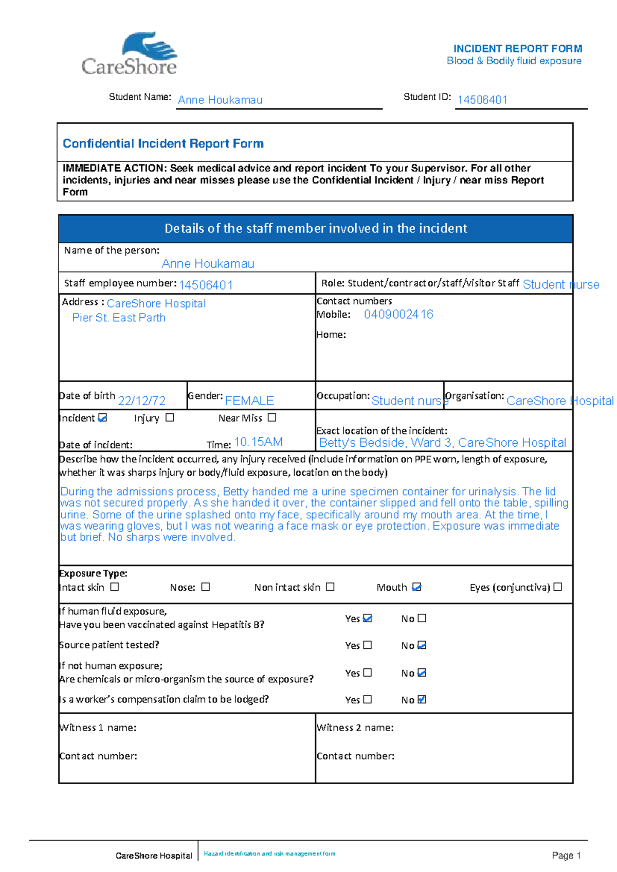 Incident Report Form: Blood & Bodily Fluid Exposure - Anne Houkamau ...