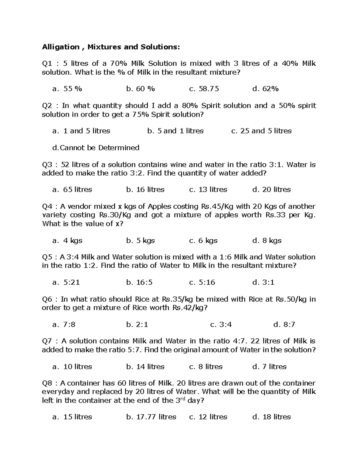 Method of Alligation Exercise: Questions and Answers Analysis - Studocu