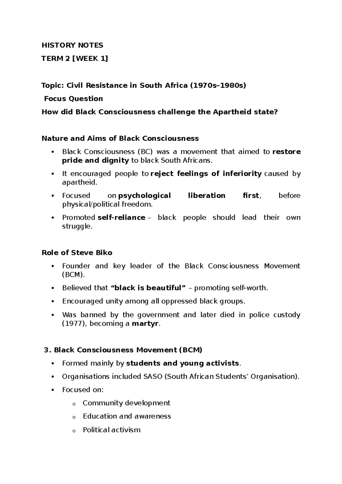 HISTORY NOTES TERM 2: Black Consciousness & Apartheid Resistance - Studocu