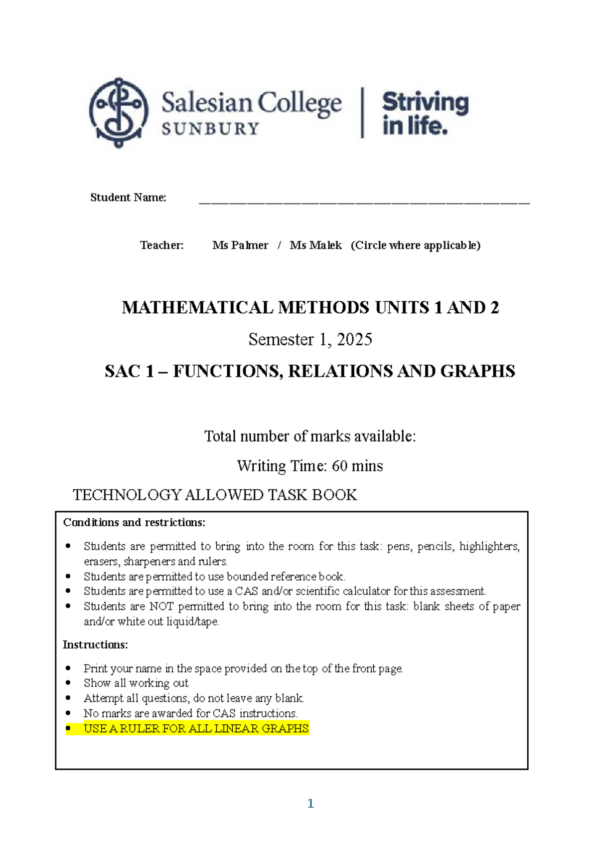 2025 U1 Math Methods SAC 1: Functions, Relations & Graphs Exam Guide ...