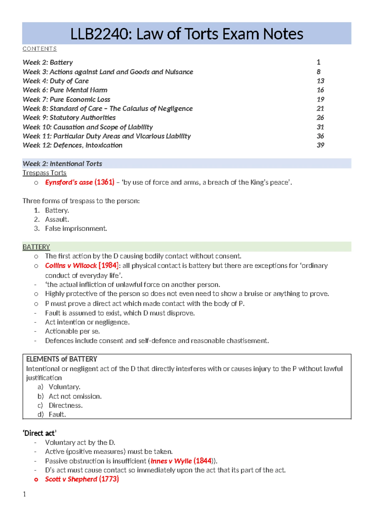 LLB2240 Torts Final Exam Notes: Key Concepts and Case Analysis - Studocu