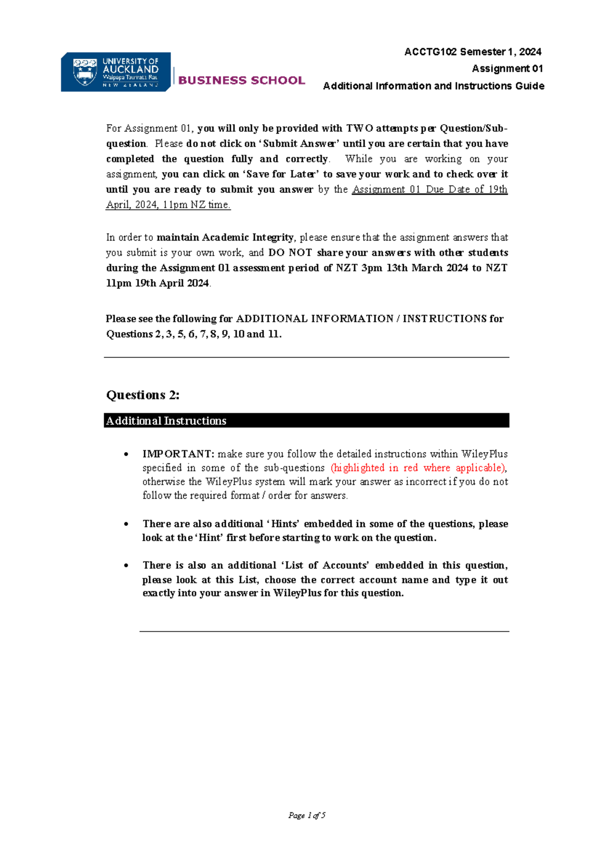 Assignment 01 - Detailed Guidance for Completion and WileyPlus ...