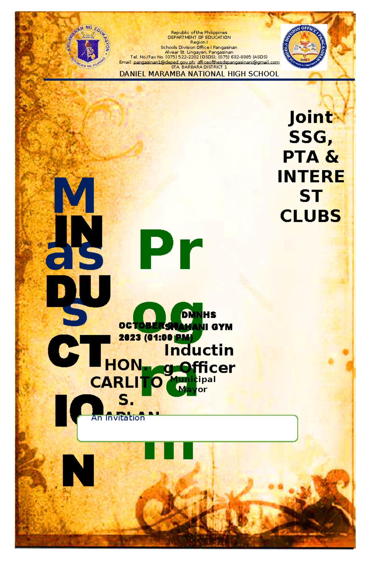Mass Induction Program Invitation for DMNHS SSG & PTA Officers - Studocu