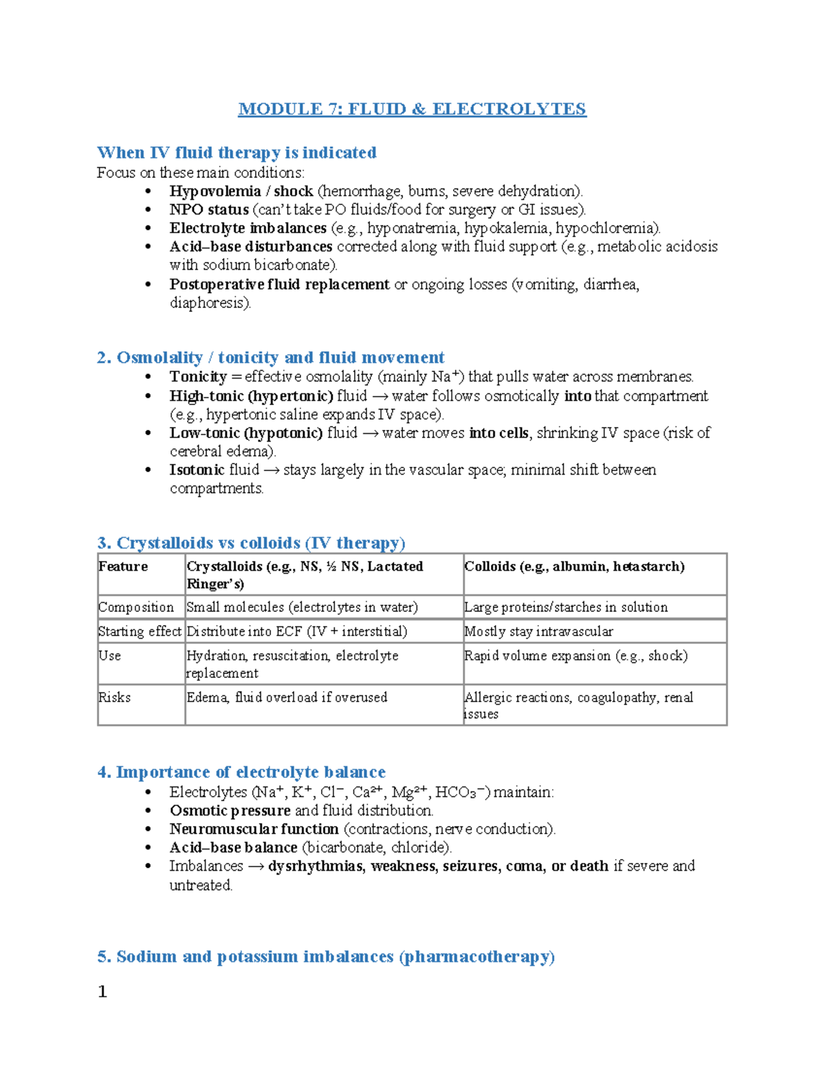 NUR 334 Module 7: Fluid Electrolytes and IV Therapy Overview - Studocu