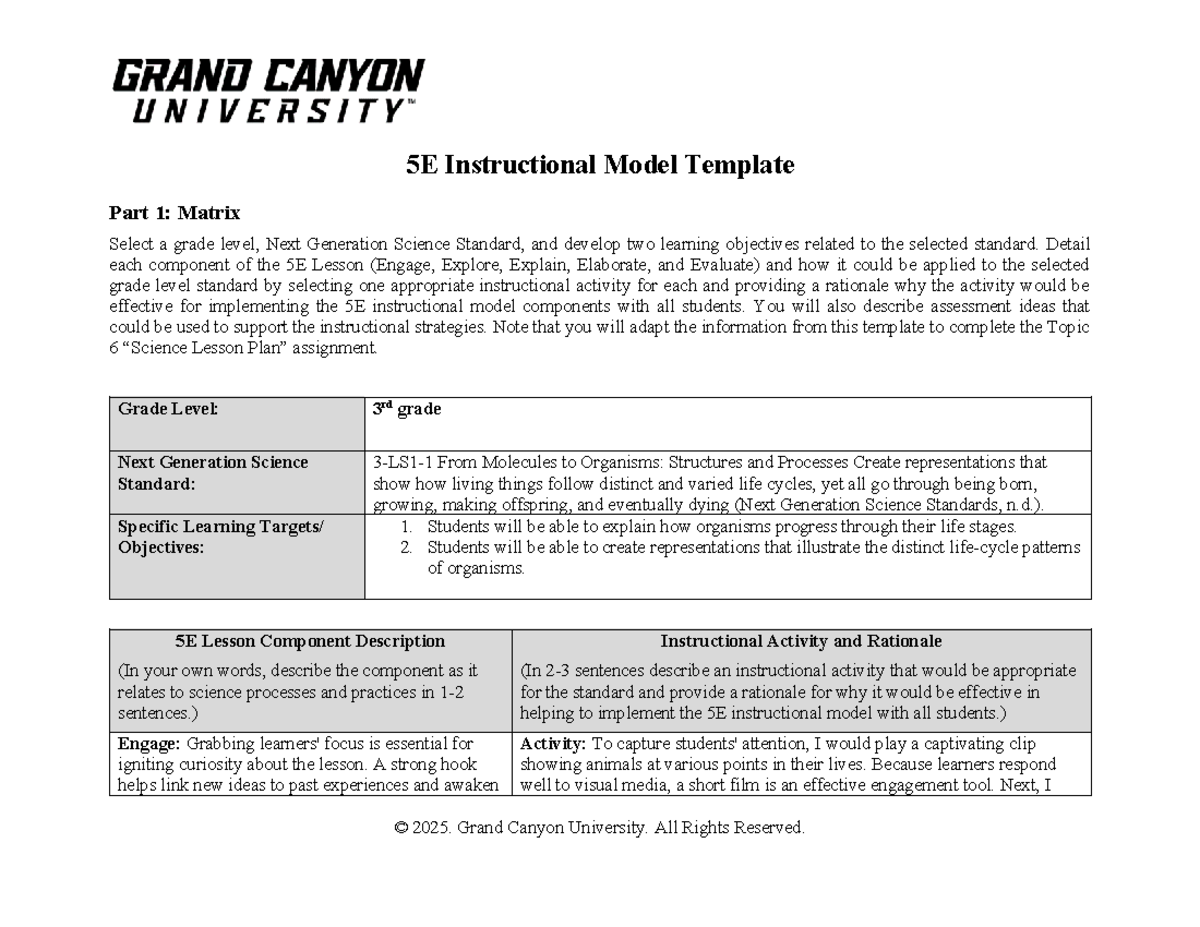 ELM-361-RS: 5E Instructional Model Template for 3rd Grade Science - Studocu