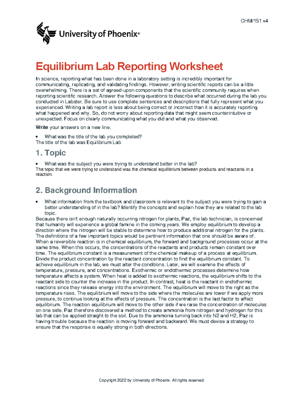 CHM/151 v4 Week 3 Equilibrium Lab Report: Observations & Findings - Studocu