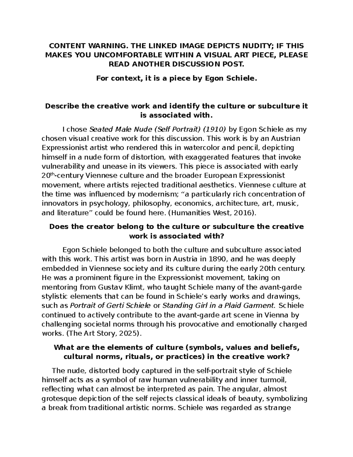 HUM215 Module 6 Discussion: Analyzing Egon Schiele's Seated Male Nude ...