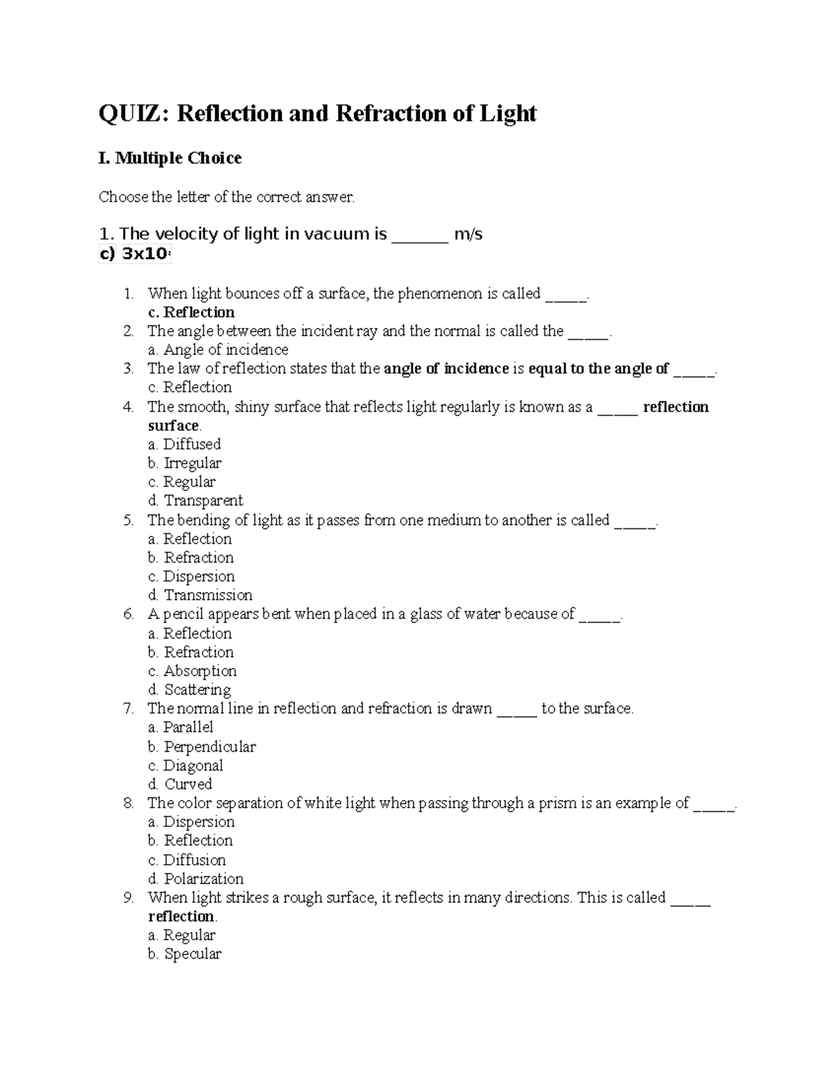 QUIZ: Reflection and Refraction of Light I - MCQs and Problems - Studocu