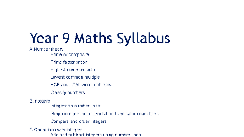 Year 9 Maths Syllabus: Comprehensive Overview of Key Topics - Studocu
