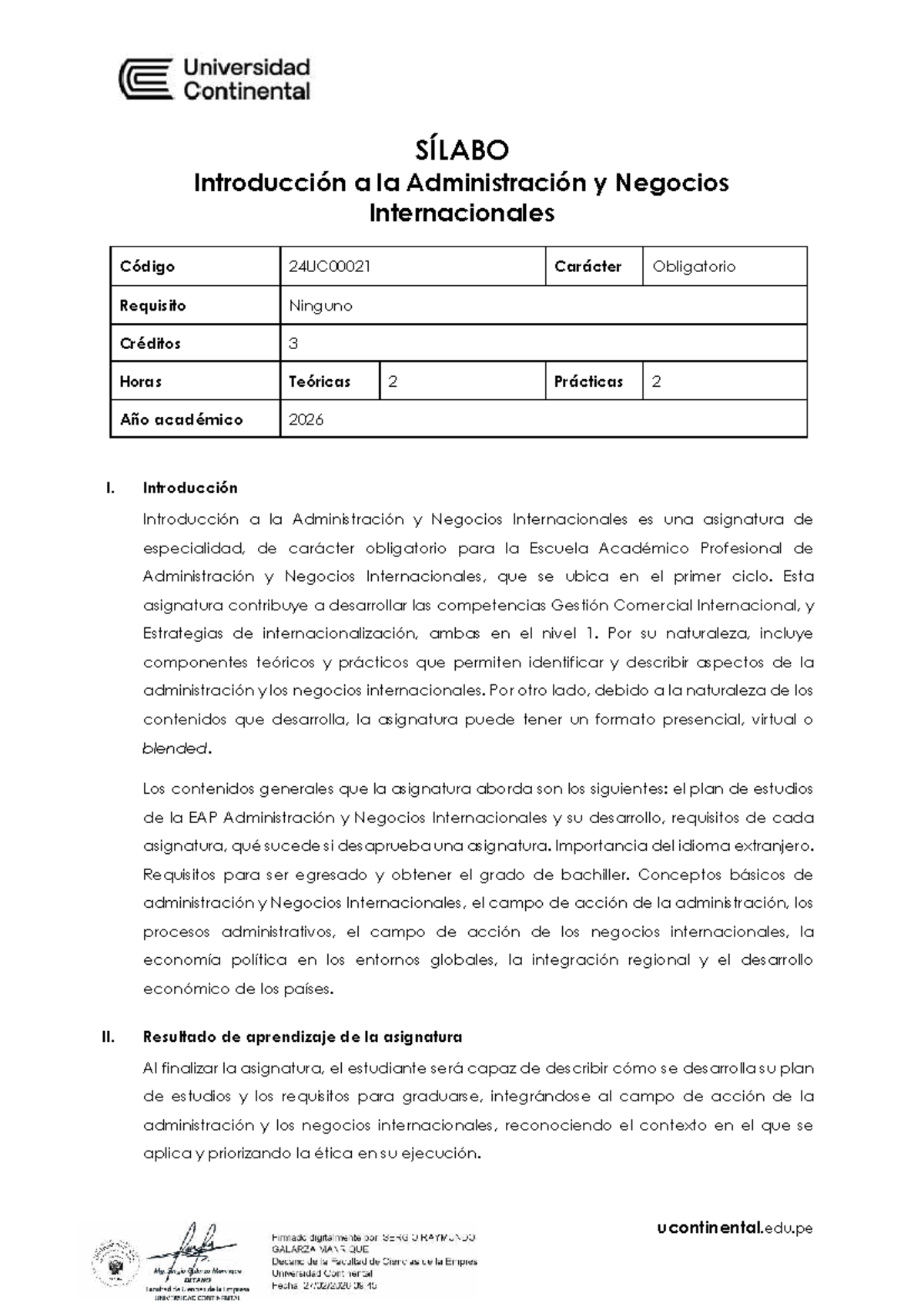 S 315 Introducción a la Administración y Negocios Internacionales I ...