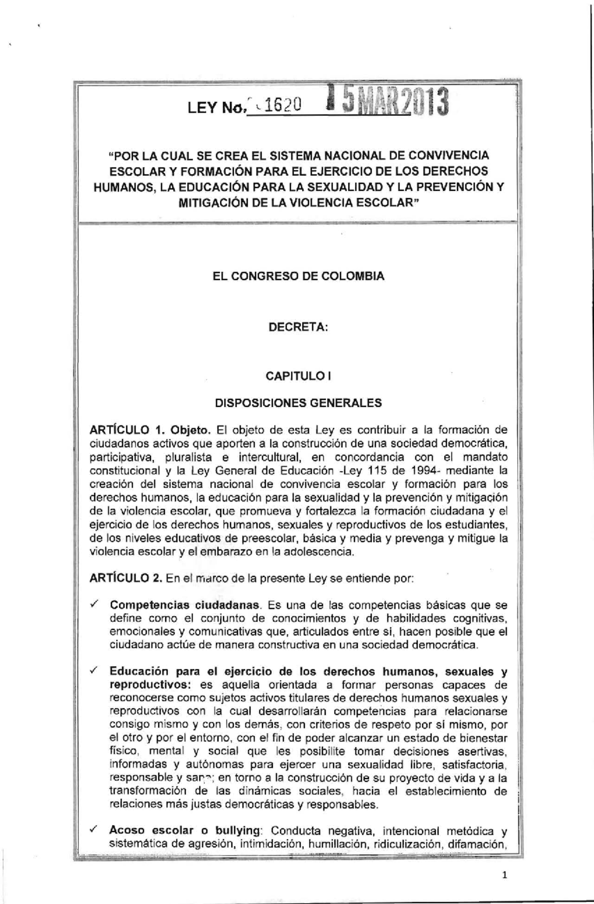 Ley 1620 de 2013: Sistema Nacional de Convivencia Escolar y Derechos ...