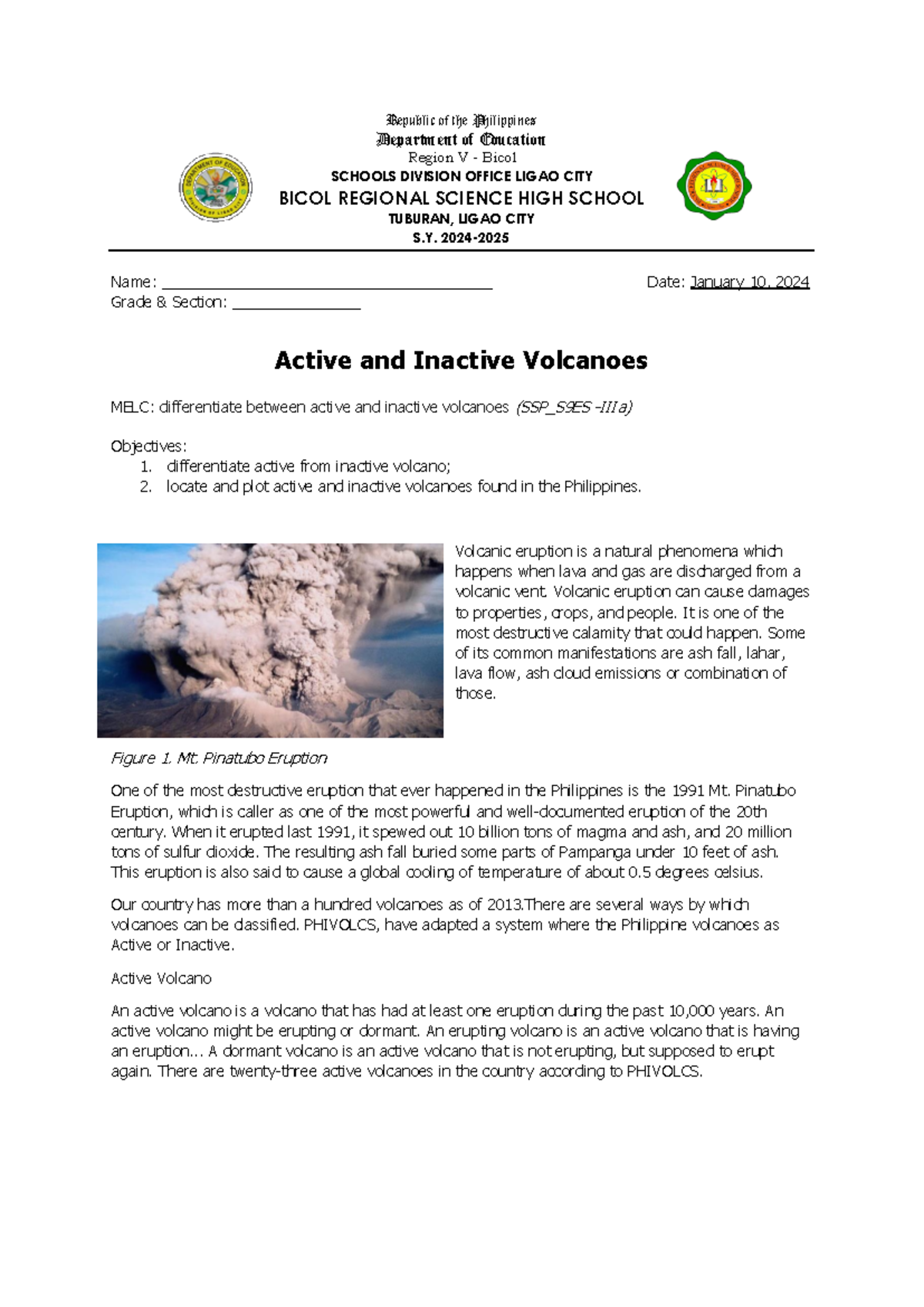 January-102025 Enhanced-SCI-9 Q3- Inactive-VS- Active- Volcanoes ...
