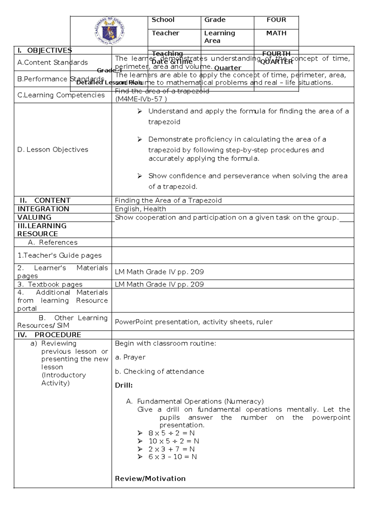 Grade 4 Math: Detailed Lesson Plan on Area of Trapezoid - Studocu
