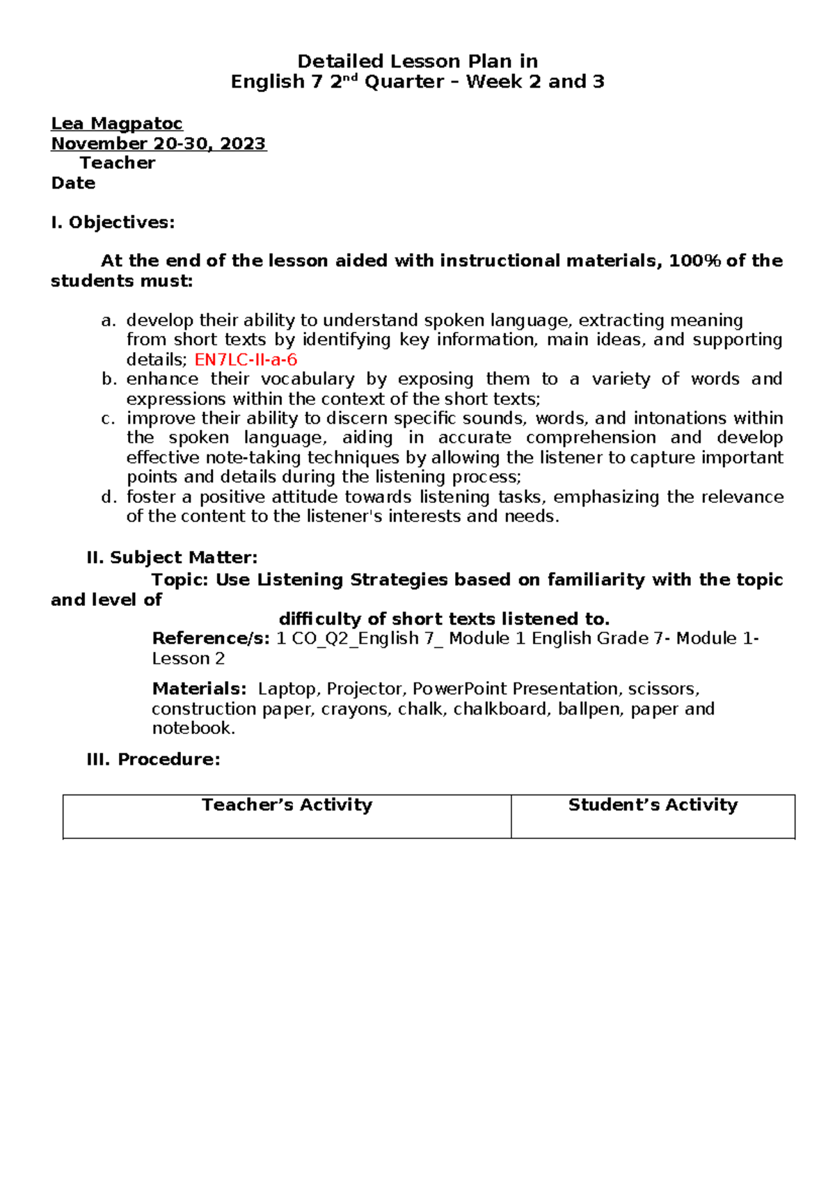 DLP for English 7 - 2nd Quarter Week 2 Lesson Plan - Studocu