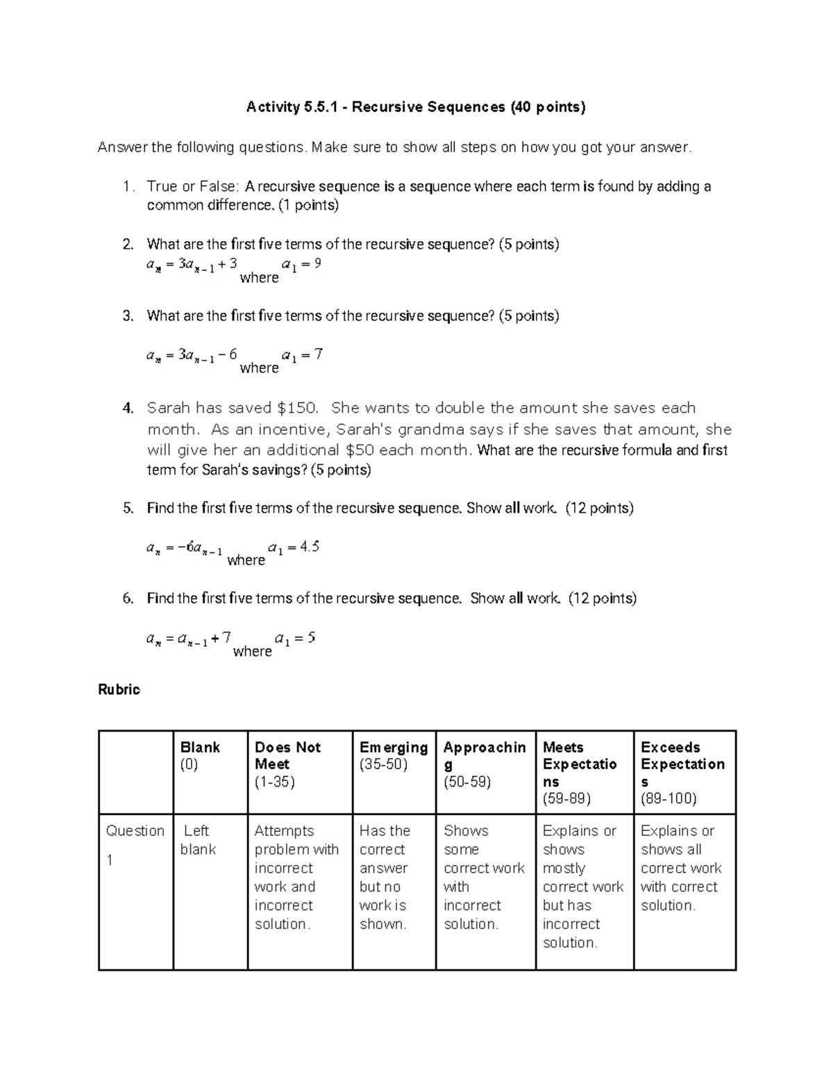 Activity 5.5.1 - Recursive Sequences Worksheet (40 Points) - Studocu, image size:1200x1553