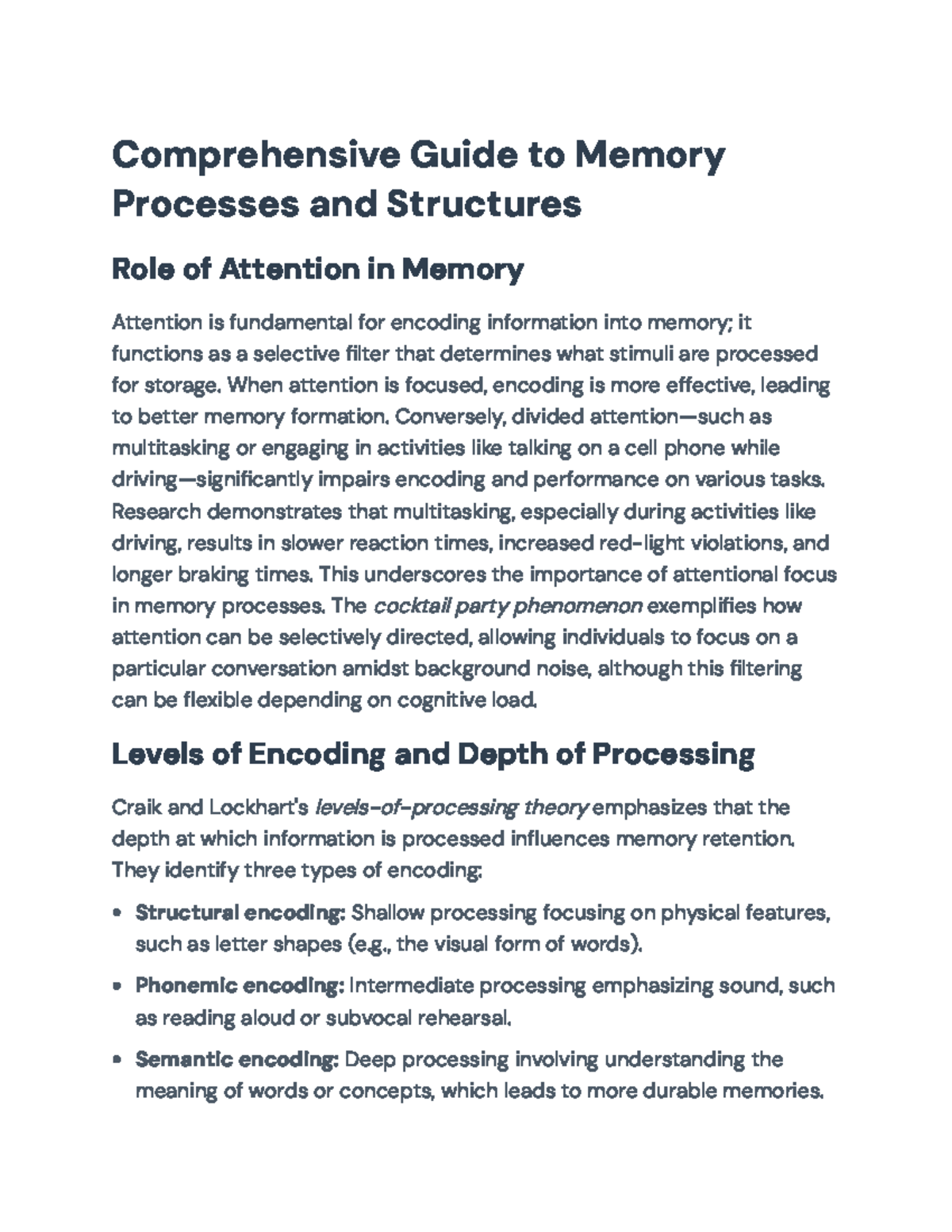 Comprehensive Overview of Memory Processes and Attention (PSY 101 ...