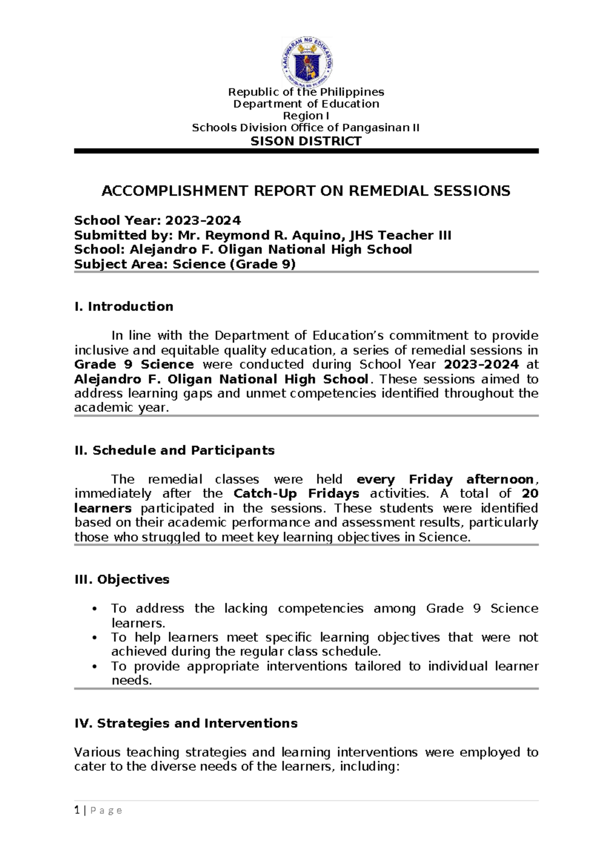Grade 9 Science Remedial Sessions Accomplishment Report - Studocu
