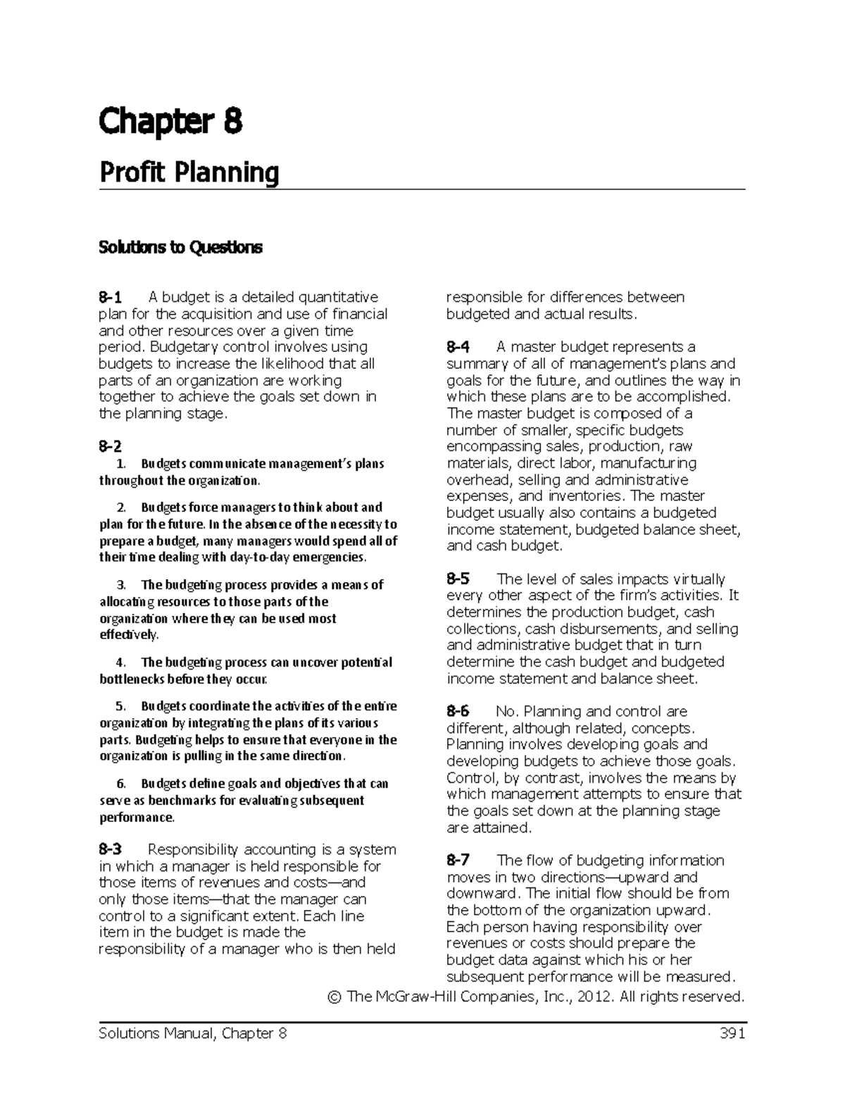 MANAGERIAL ACCOUNTING CHAPTER 8 BUDGETING - Chapter 8 Profit Planning ...