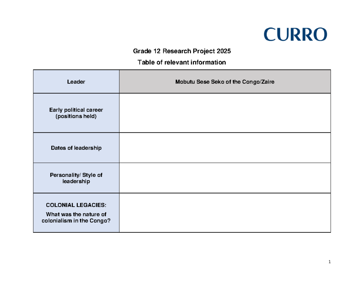 Grade 12 Research Project 2025: Key Information Table and Planning ...