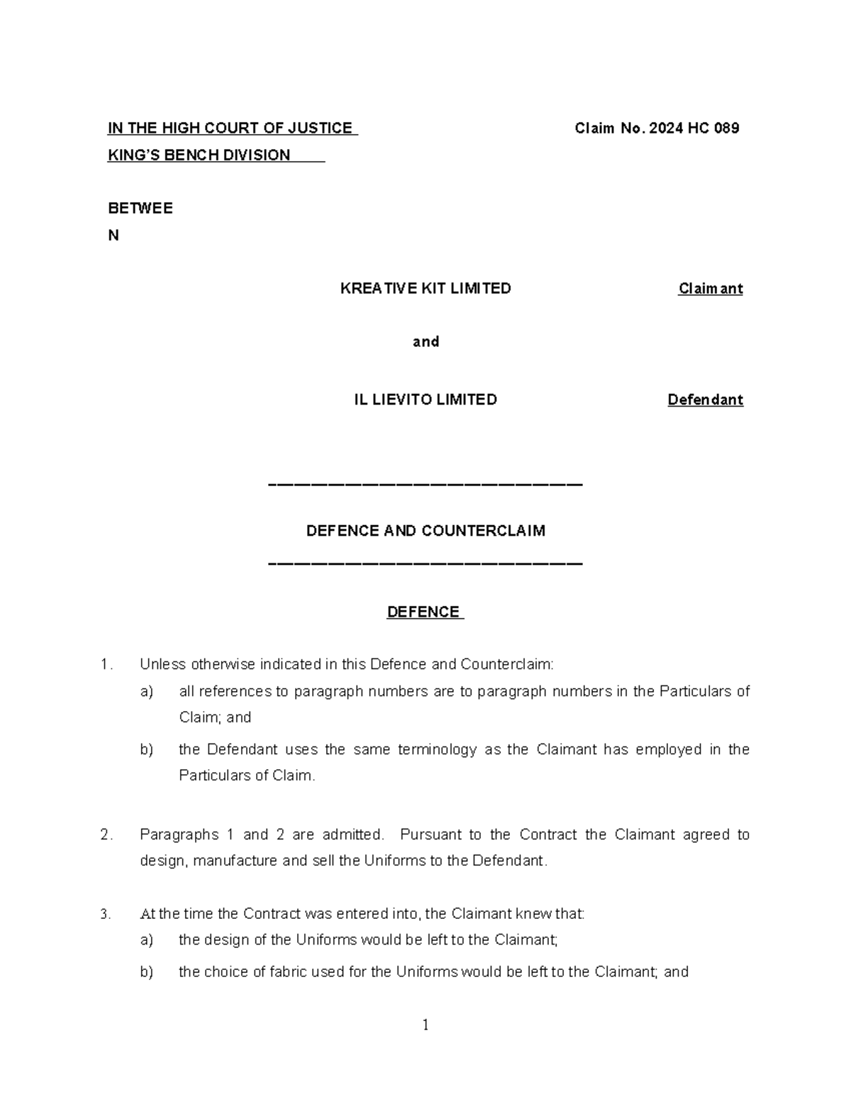 Kreative Kit Defence Counterclaim (annotated) - IN THE HIGH COURT OF ...