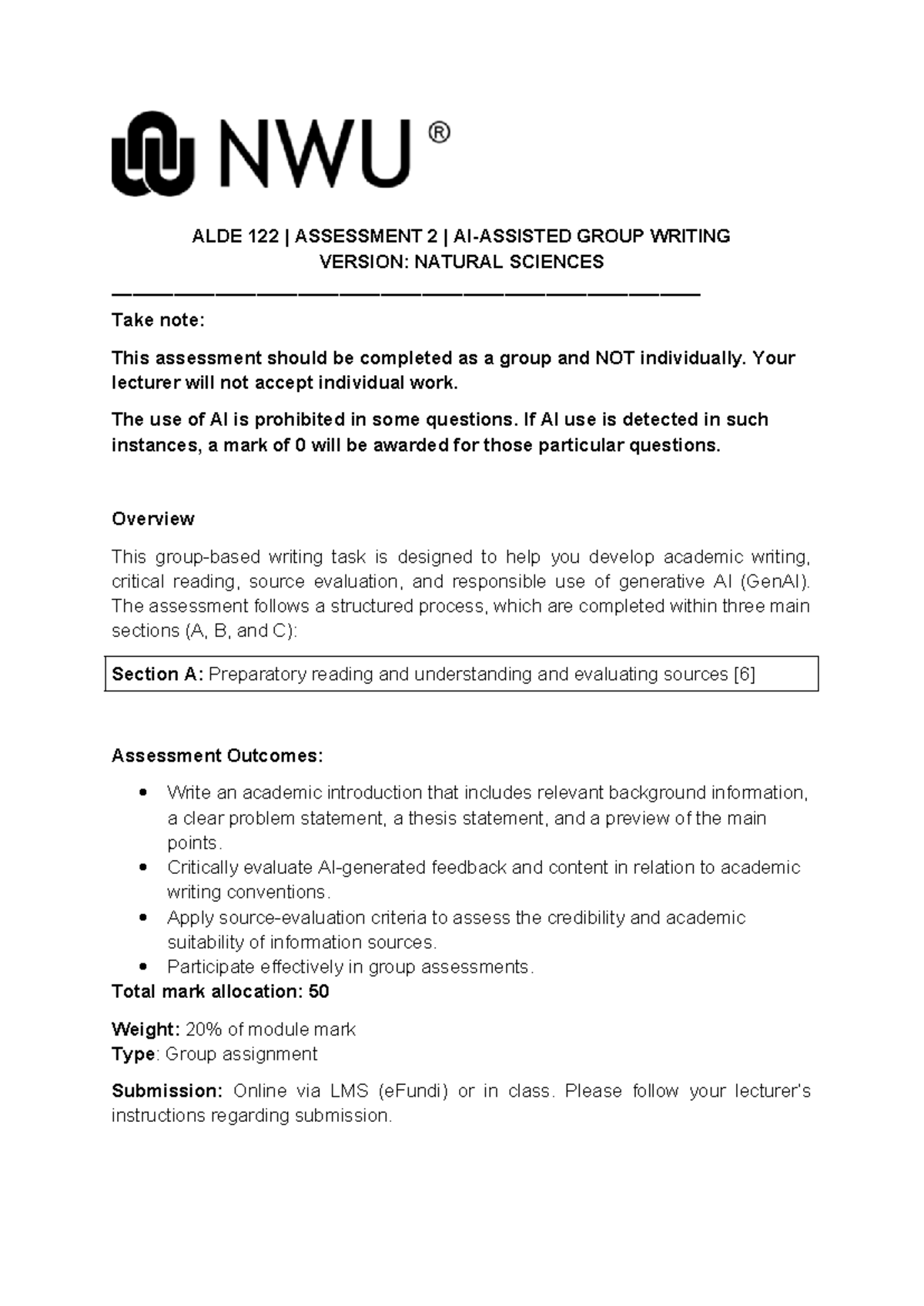 ALDE 122 Assessment 2 Group Writing: Natural Sciences Overview - Studocu