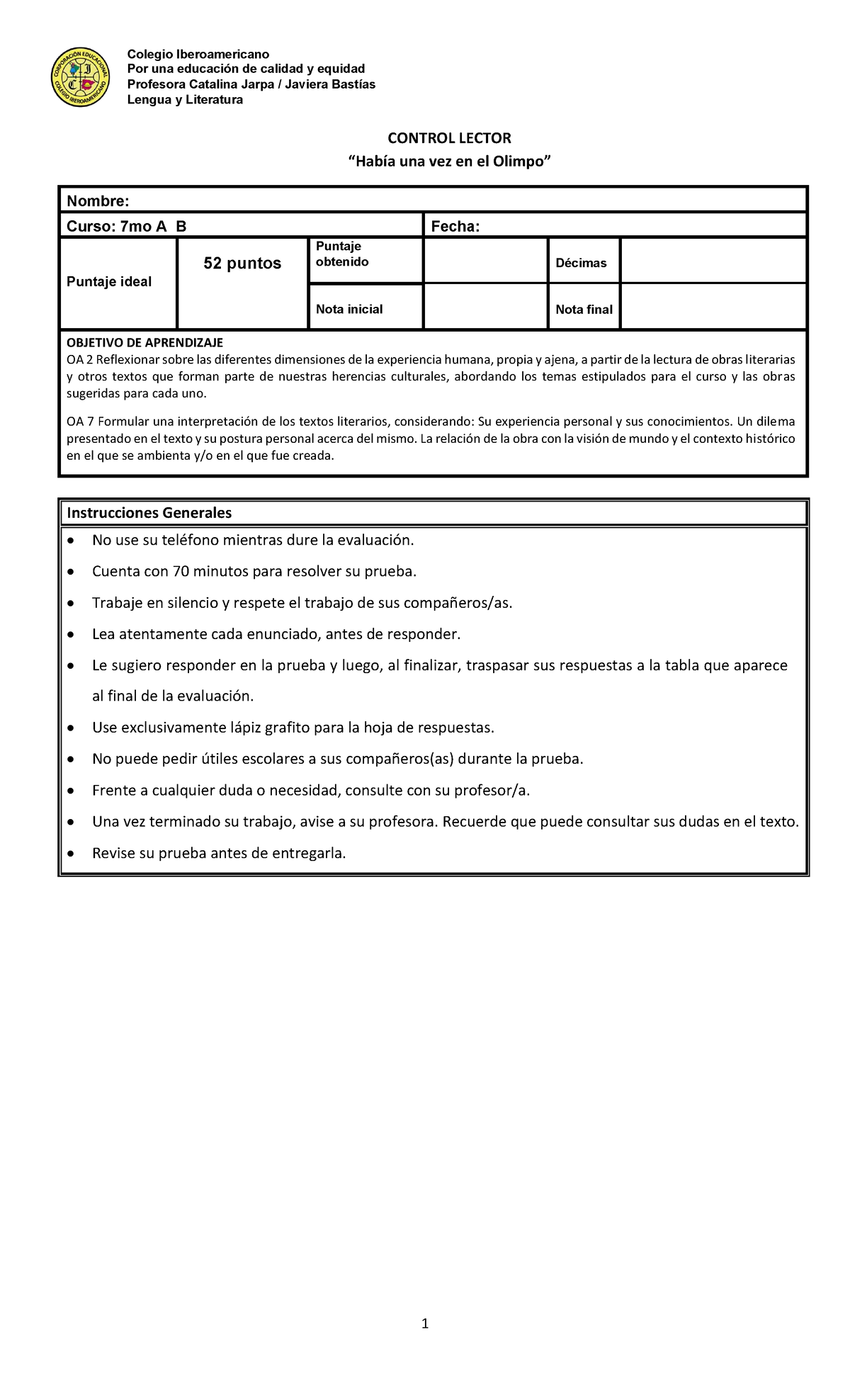 Control Lector: Había una vez en el Olimpo - 7mo A B - Document Preview