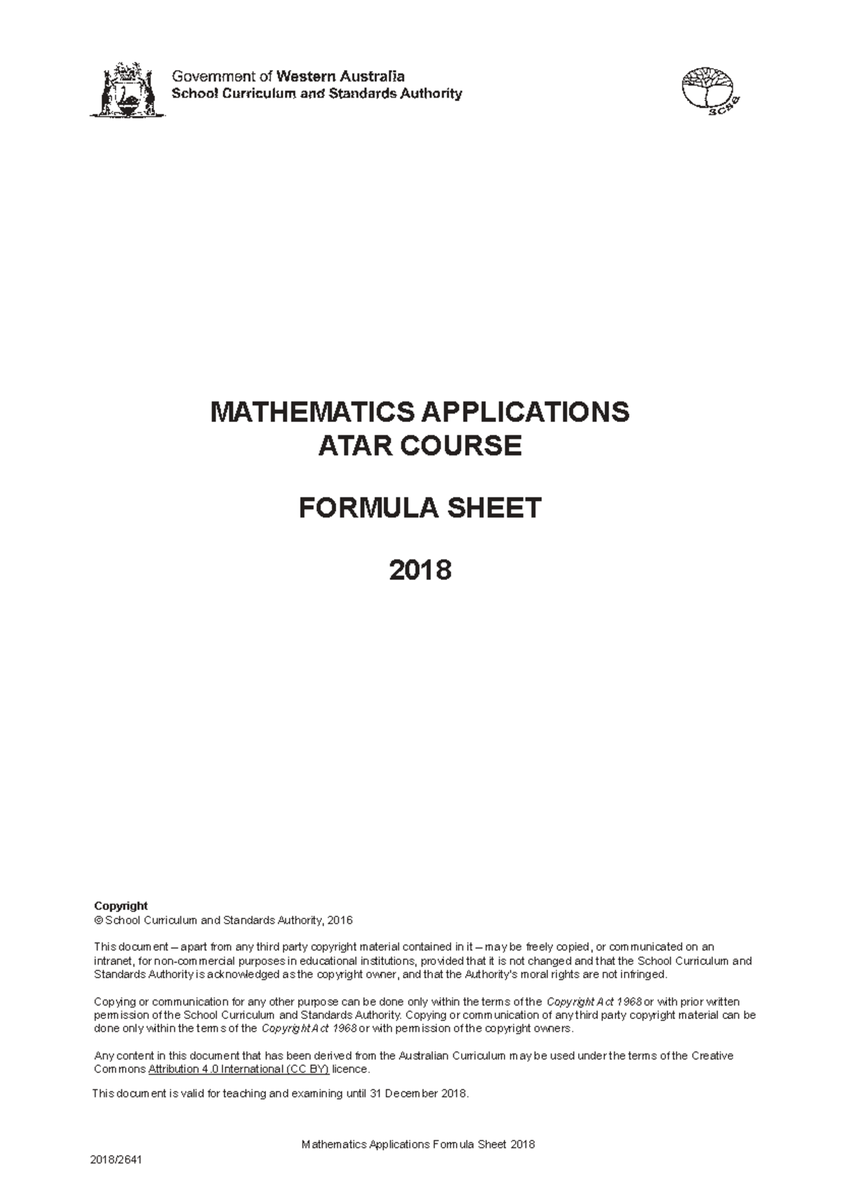 MATHEMATICS APPLICATIONS ATAR COURSE FORMULA SHEET 2018 - Studocu