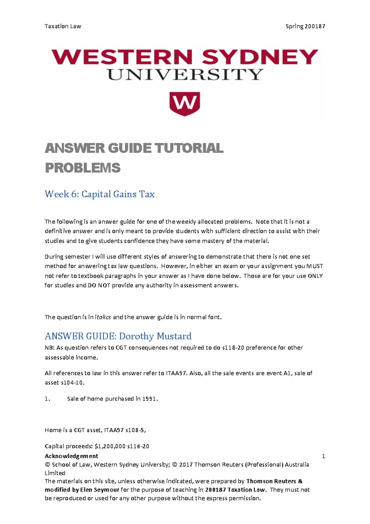 Week 6 CGT Answer Guide for Taxation Law 200187 Spring 2017 - Studocu