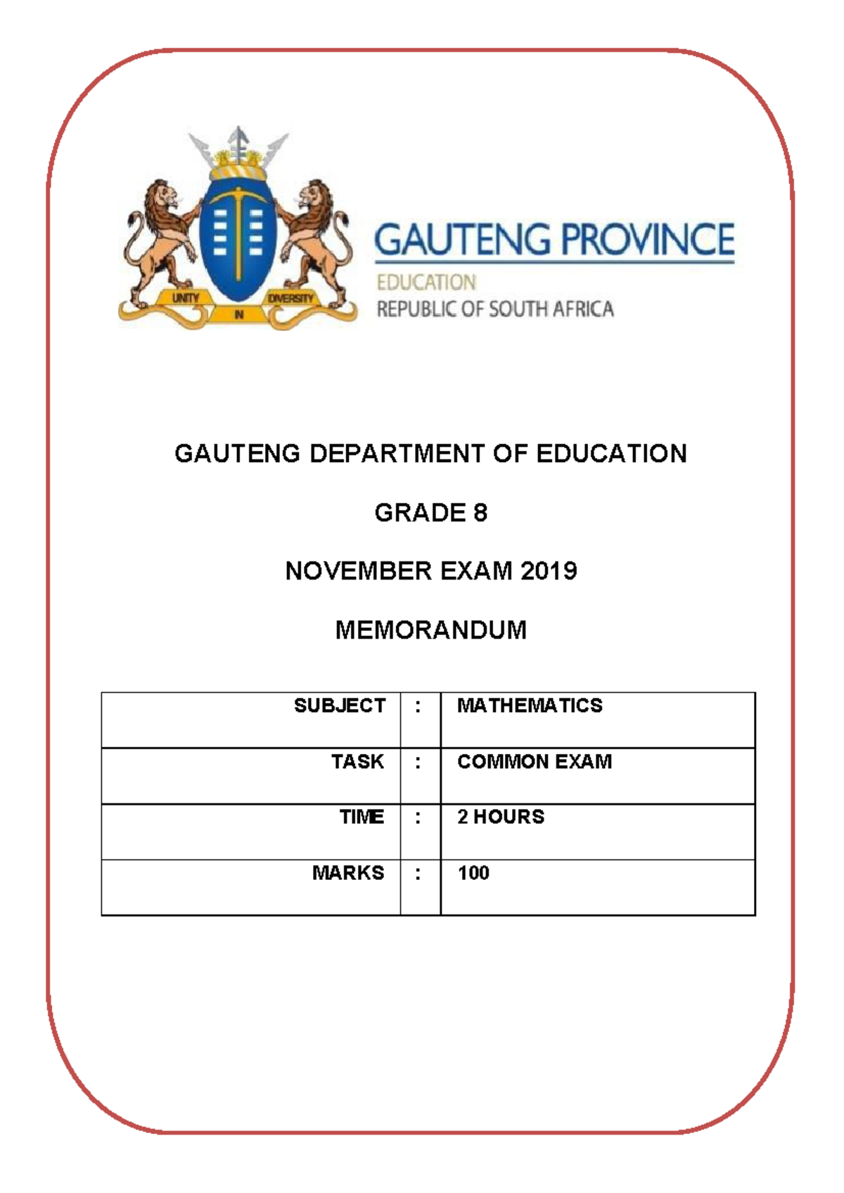 Math P1 2019 Nov Exam Memorandum for Grade 8 - Studocu