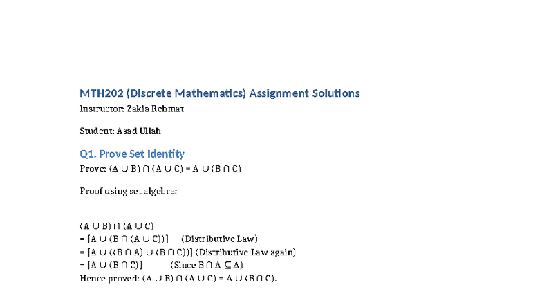 MTH202 Discrete Math Assignment 2 Solutions by Asad Ullah - Studocu