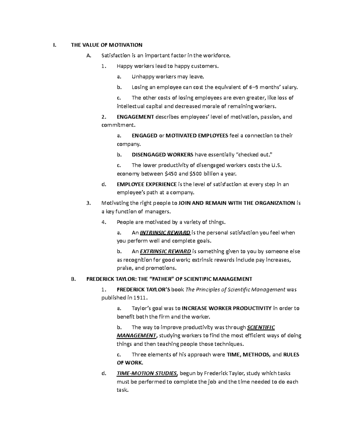 Ch 10 - Lecture Notes - I. THE VALUE OF MOTIVATION A. Satisfaction is ...